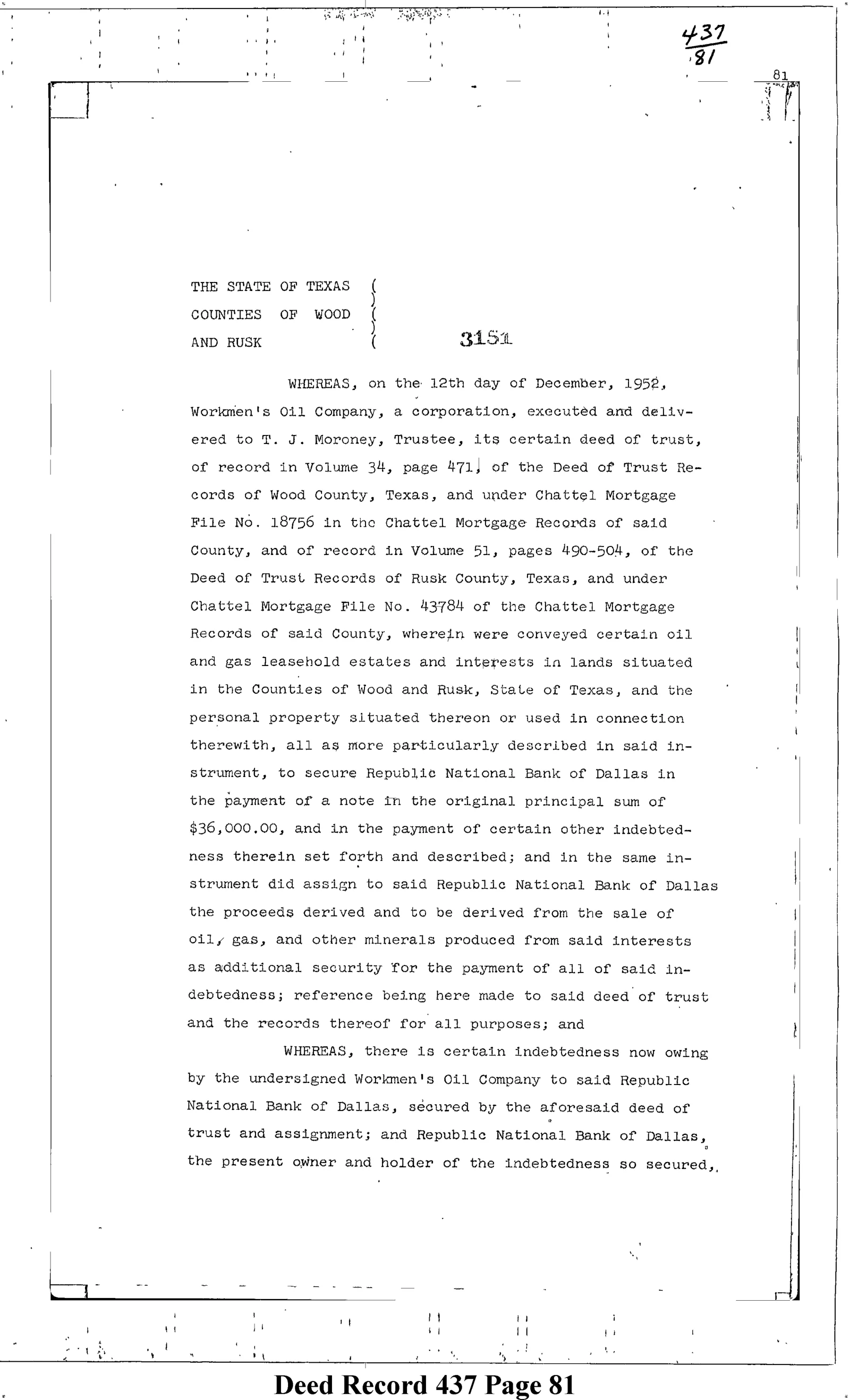 Workmens Oil Co - Recorded Acknowledgment (Vol. 437, Page 81)